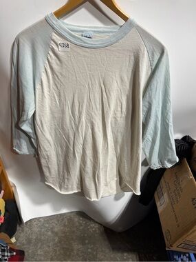 #4358-Casual Long Sleeve Raglan Tee in Cream and Light Blue